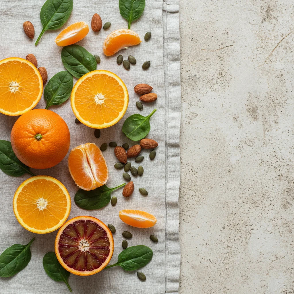 Citrus fruits, leafy greens and seeds arranged on a cream linen surface