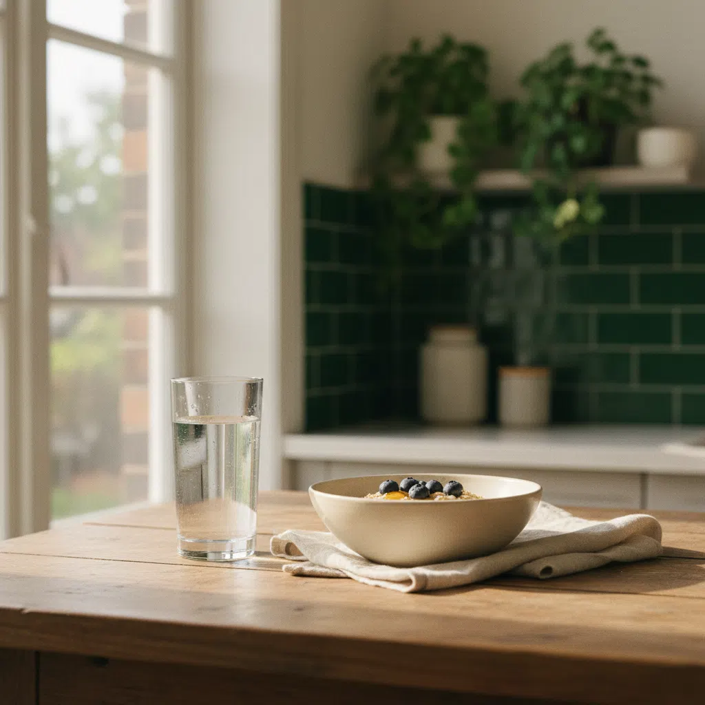 A glass of water and a simple breakfast on a bright kitchen table in morning light