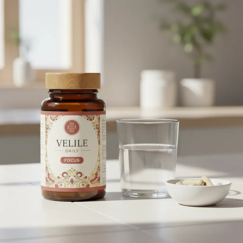Velile Daily amber glass jar on a light wooden surface beside a glass of water